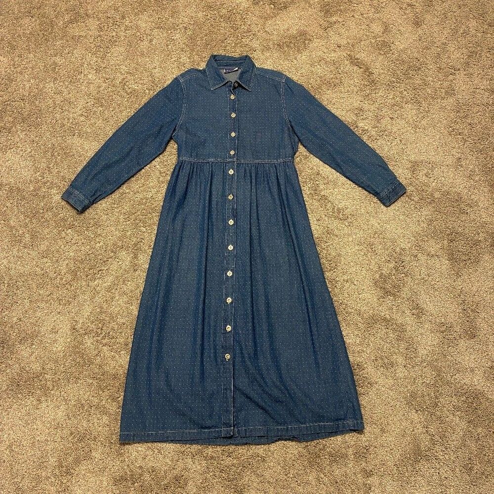 VTG Erika & Co 90s Denim Maxi Dress Small Dotted Tie Back Prairie Cottagecore